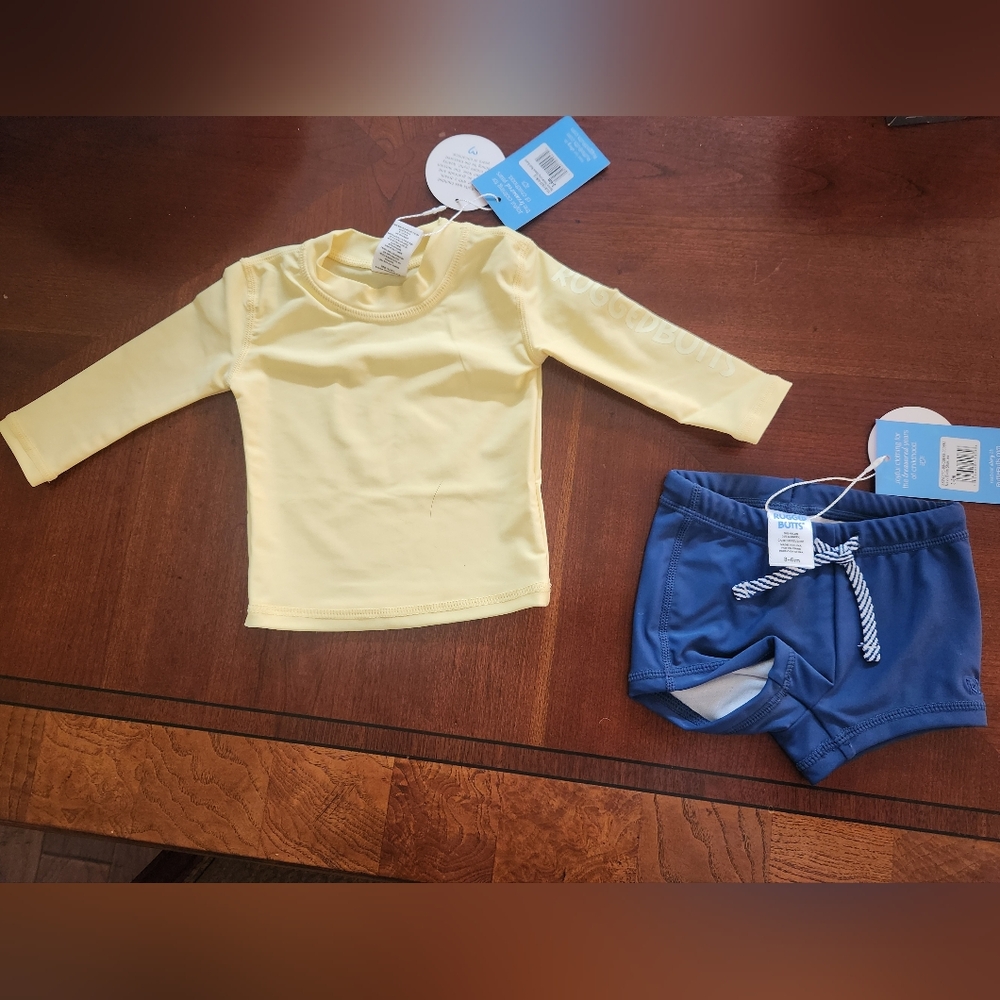 NWT RuggedButts Long Sleeve Rash Guard and Blue Swim Trunks Set